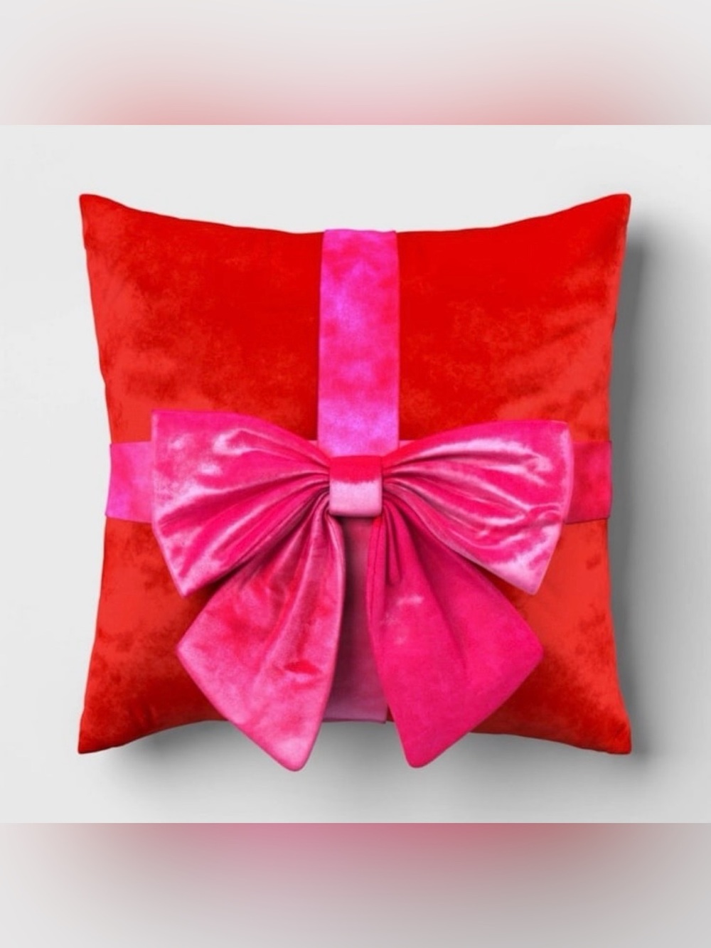NWOT—16-Inch Christmas Red Square Pillow with Hot Pink Bow from Wondershop